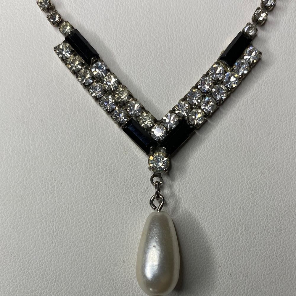 10/$10  Silver, rhinestone and Black Necklace with Pearl Drop